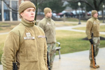 Airman 1st Class Micah Callahan, a ceremonial guardsman with the U.S. Air Force Honor Guard Firing Party, stands at the position of attention during training on Joint Base Anacostia-Bolling, Washington, D.C., March 3, 2026. While assigned to the Honor Guard, Airmen in the Firing Party maintain a rigorous training schedule of two to six hours each day and support memorial operations at Arlington National Ceremony. (U.S. Air Force photo by Airman 1st Class Brandon Thomas)
