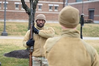 Airman 1st Class Ricky Newton, a ceremonial guardsman with the U.S. Air Force Honor Guard Firing Party, conducts drill movements during training on Joint Base Anacostia-Bolling, Washington, D.C., March 3, 2026. The Firing Party trained on memorial honors, with one element of those honors the firing of three rifle volleys during funeral services at Arlington National Cemetery. (U.S. Air Force photo by Airman 1st Class Brandon Thomas)