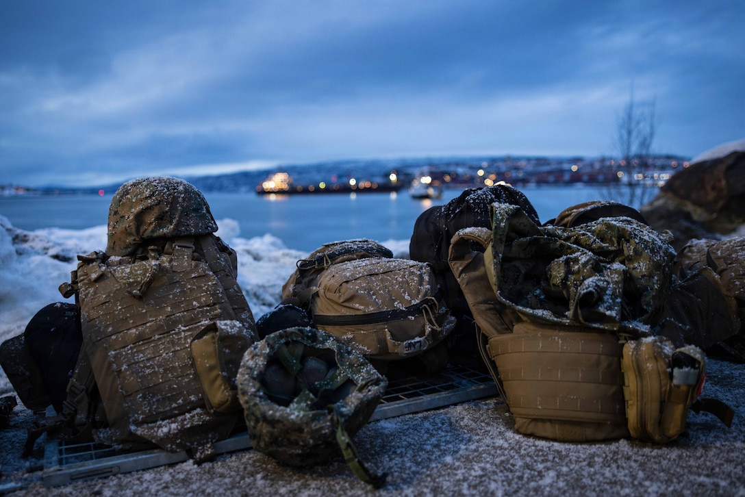 Marine Corps equipment sits staged in the snow in Narvik, Norway, March 3, 2026. The equipment was set up by U.S. Marines to establish a Joint Petroleum Off-the-Shore operation as part of exercise Cold Response 26. A key component of NATO's enhanced vigilance activity Arctic Sentry, exercise Cold Response 26 is a Norwegian-led winter military exercise designed to enhance collective defense capabilities and ensure U.S. readiness to rapidly deploy and seamlessly operate alongside NATO Allies in challenging arctic conditions. (U.S. Marine Corps photo by Staff Sgt. Scott Jenkins)