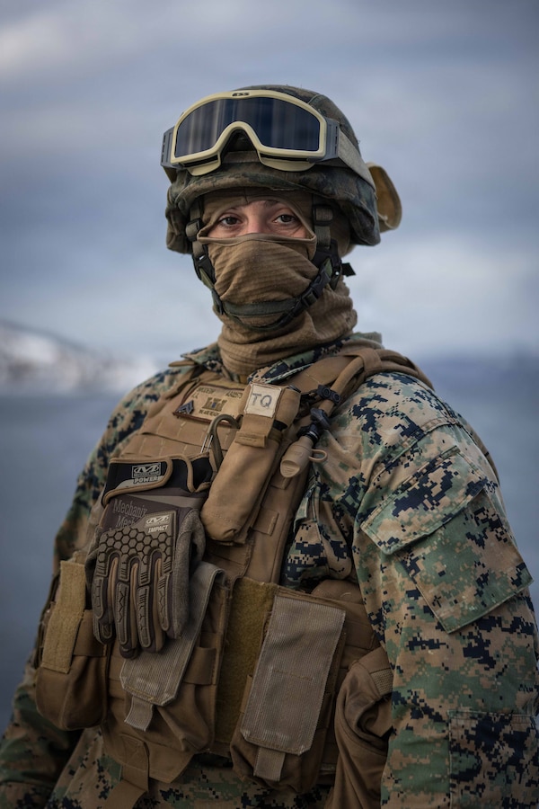 U.S. Marine Corps Cpl. Armand Brodeur, an expeditionary fuels technician with 6th Engineer Support Battalion, 4th Marine Logistics Group, Marine Forces Reserve, poses for a photo in Narvik, Norway, March 1, 2026. The Marine was participating in a Joint Petroleum Off-the-Shore operation as part of exercise Cold Response 26. A key component of NATO's enhanced vigilance activity Arctic Sentry, exercise Cold Response 26 is a Norwegian-led winter military exercise designed to enhance collective defense capabilities and ensure U.S. readiness to rapidly deploy and seamlessly operate alongside NATO Allies in challenging arctic conditions. (U.S. Marine Corps photo by Staff Sgt. Scott Jenkins)