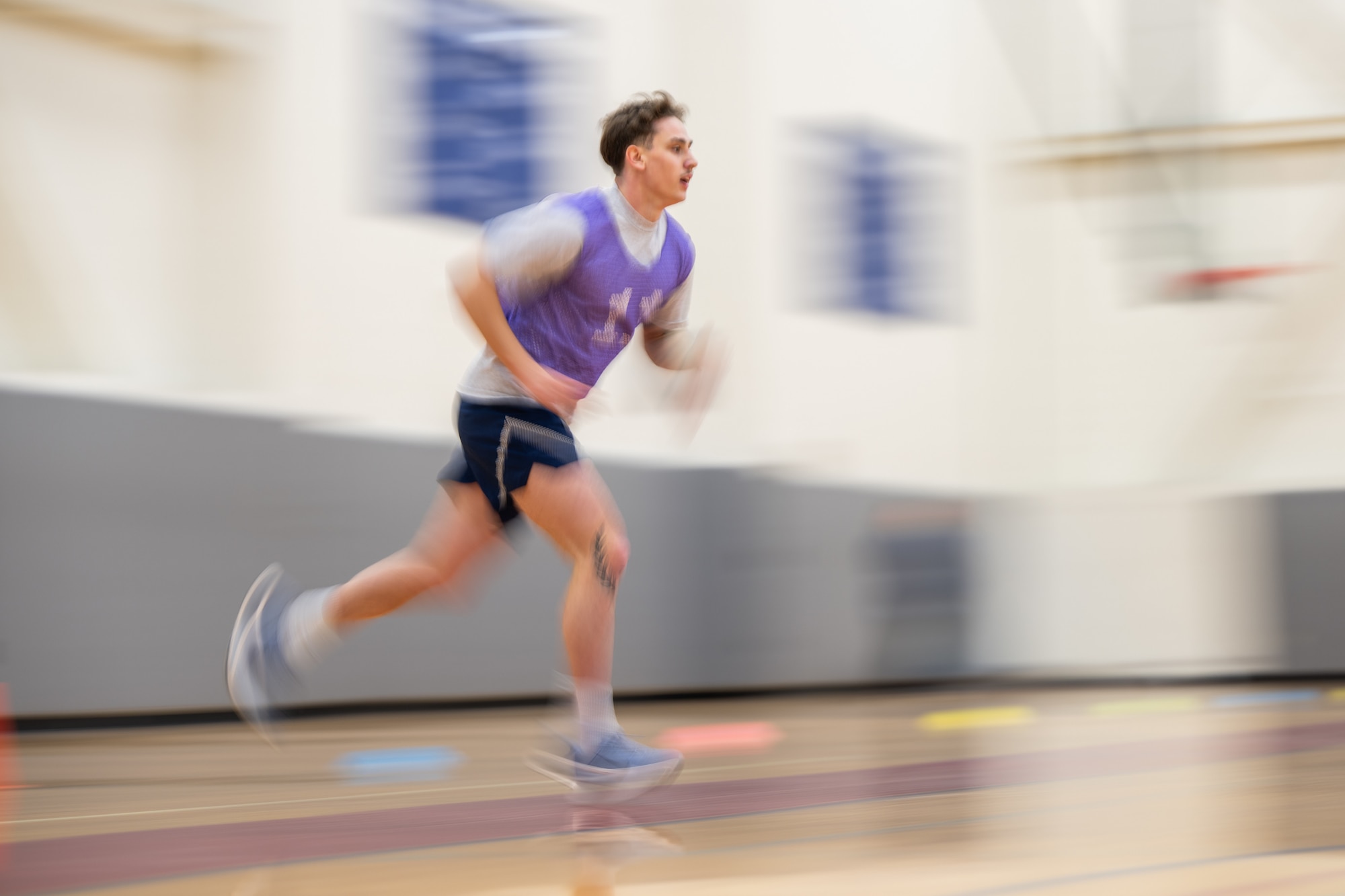 U.S. Air Force Senior Airman Dakota Keltner, 436th Logistics Readiness Squadron fuels laboratory non-commissioned officer in charge, completes the high aerobic multi-shuttle run of a fitness test during the first day of Airmen Leadership School at Dover Air Force Base, Delaware, March 2, 2026. Day One of each ALS class consists of a physical fitness test, uniform inspection and briefs by the school commandant and instructors outlining the course. (U.S. Air Force photo by Mauricio Campino)