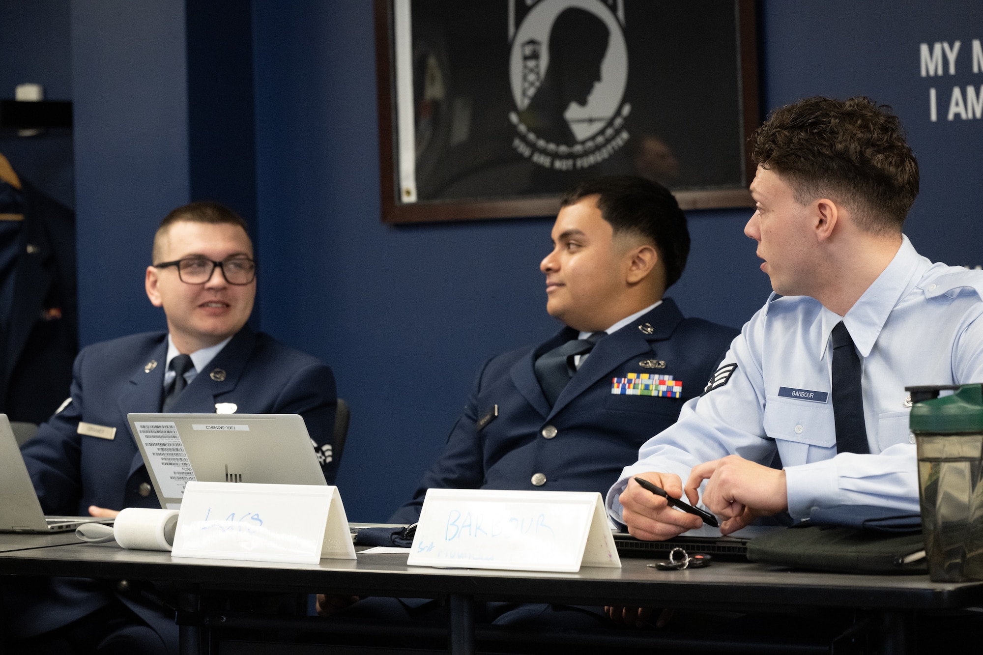 Students of Airman Leadership School Class 26-C get to know each other during a break on the first day of class at Dover Air Force Base, Delaware, March 2, 2026. Each ALS class brings Airmen together from various job fields across the Air Force along with networking opportunities. (U.S. Air Force photo by Mauricio Campino)