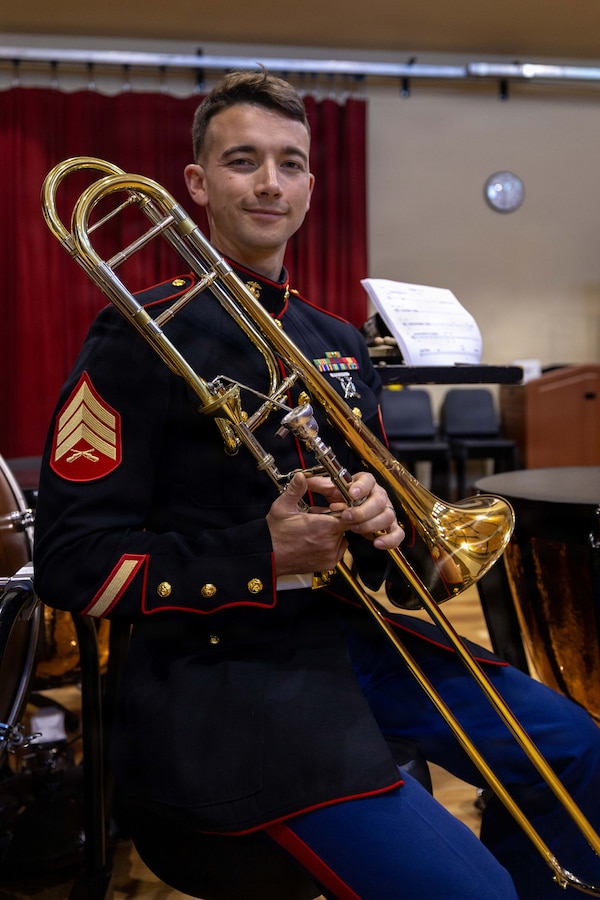 U.S. Marine Corps Sgt. Justin Napier, subclass trombone instrumentalist, Marine Forces Reserve Band, poses for a portrait, at the Marine Corps Support Facility, New Orleans, Feb. 5, 2026. Napier earned the United States Marine Corps Musician of the Year Award due to his excellency in his occupation and his initiative in both taking charge and nurturing his junior Marines shortly after joining the Marine Forces Reserve Band. (U.S. Marine Corps photo by Lance Cpl. Jazmin Sierra)