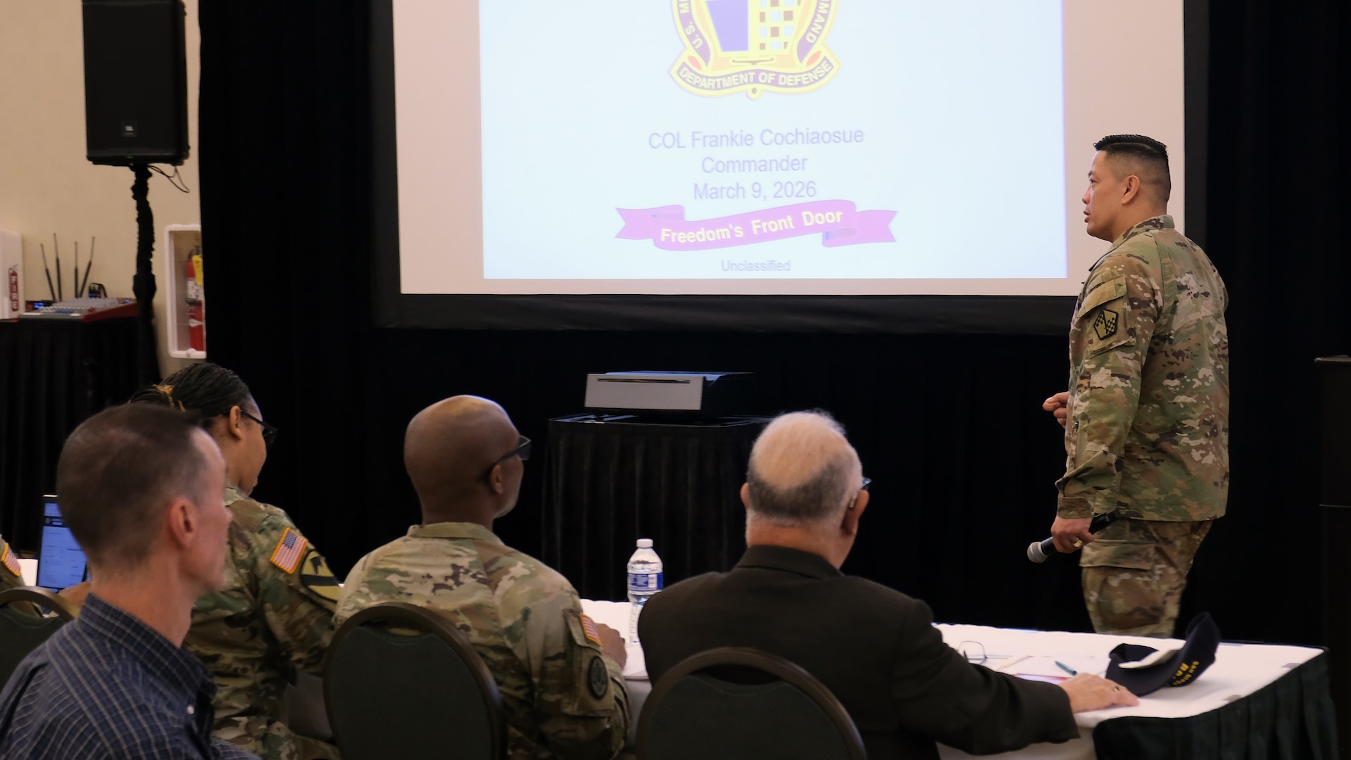 Col. Frankie Cochiaosue, USMEPCOM commander, speaks with attendees of the 2026 USMEPCOM Medical Leadership Training Symposium (MLTS). The USMEPCOM MLTS, held March 9-11, brought medical leaders together to strengthen collaboration, share best practices and advance standardization efforts supporting the accession of the next generation of service members.
