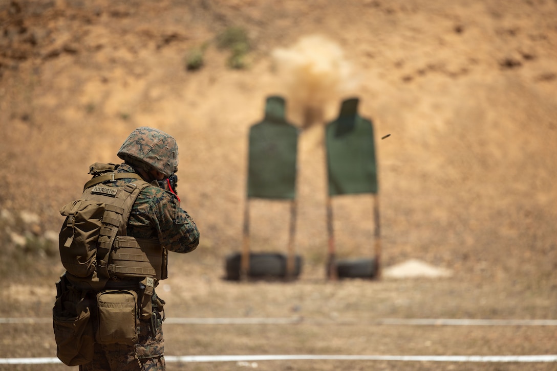 U.S. Marine Corps Cpl. William Foxworth, a small arms technician, assigned to Task Force Ashland, I Marine Expeditionary Force, fires an M4 carbine during table five of the combat marksmanship program as part of Exercise Cobra Gold 26 at Sattahip Naval Base Chonburi province, Thailand, March 3, 2026.