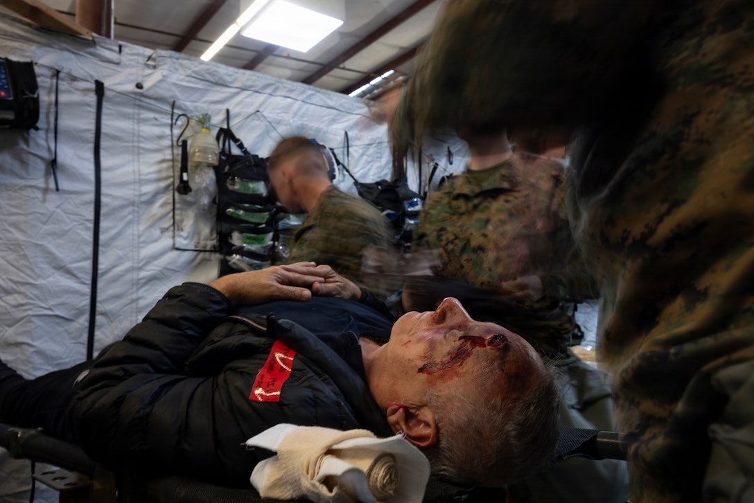 U.S. Navy Hospital Corpsmen with 1st Medical Battalion, 1st Marine Logistics Group, treat a simulated casualty during a Certification Exercise on Marine Corps Base Camp Pendleton, California, March 4, 2026.