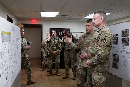 Col. Shaun D. McMurchie, 45th Finance Center director, center right, briefs Lt. Gen. Christopher O. Mohan, U.S. Army Materiel Command commanding general, on the 45th FC’s role as Col. Michelle M. Williams, U.S. Army Financial Management Command commander, left, and Mohan’s staff look on at Fort Knox, Ky., March 4, 2026. Mohan visited with USAFMCOM’s command team, Soldiers and civilian employees during an AMC major subordinate command update. (U.S. Army photo by Pvt. 1st Class Arpita Singh)