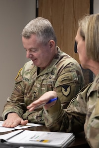 Col. Michelle M. Williams, U.S. Army Financial Management Command commander, right, briefs Lt. Gen. Christopher O. Mohan, U.S. Army Materiel Command commanding general, center right, at Fort Knox, Ky., March 4, 2026. Mohan visited with USAFMCOM’s command team, Soldiers and civilian employees during an AMC major subordinate command update. (U.S. Army photo by Pvt. 1st Class Arpita Singh)