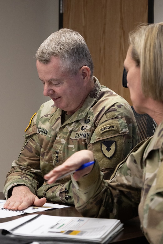 Col. Michelle M. Williams, U.S. Army Financial Management Command commander, right, briefs Lt. Gen. Christopher O. Mohan, U.S. Army Materiel Command commanding general, center right, at Fort Knox, Ky., March 4, 2026. Mohan visited with USAFMCOM’s command team, Soldiers and civilian employees during an AMC major subordinate command update. (U.S. Army photo by Pvt. 1st Class Arpita Singh)