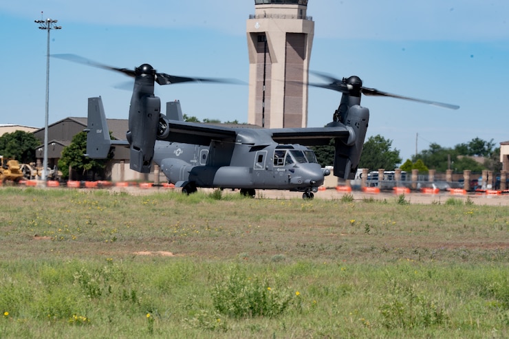 A CV-22 Osprey assigned to the 27th Special Operations Wing lands at Cannon Air Force Base, New Mexico, June 10, 2025. The mission of the CV-22 is to conduct long-range infiltration, exfiltration and resupply missions for special operations forces. (U.S. Air Force photo by Senior Airman Sarah Gottschling)