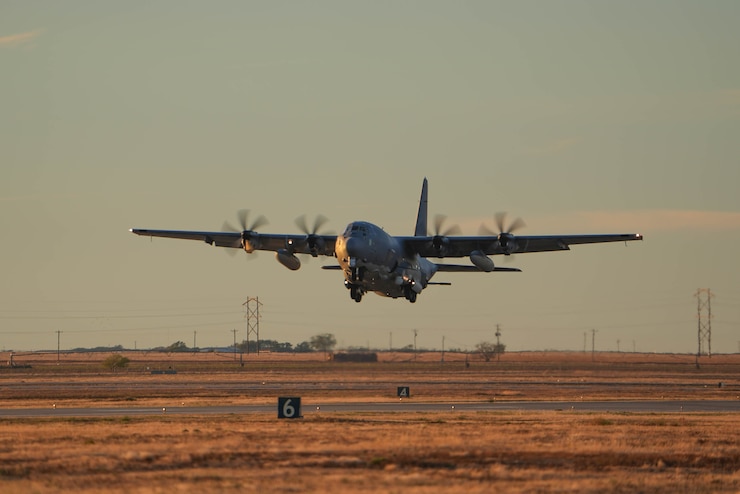 An AC-130J Ghostrider assigned to the 16th Special Operations Squadron takes off from the runway at Cannon Air Force Base, New Mexico, Oct. 22, 2024. The AC-130J provides ground forces an expeditionary, direct-fire platform that is persistent, ideally suited for urban operations and delivers precision low-yield munitions against ground targets. (U.S. Air Force photo by Staff Sgt. Kevin Williams)