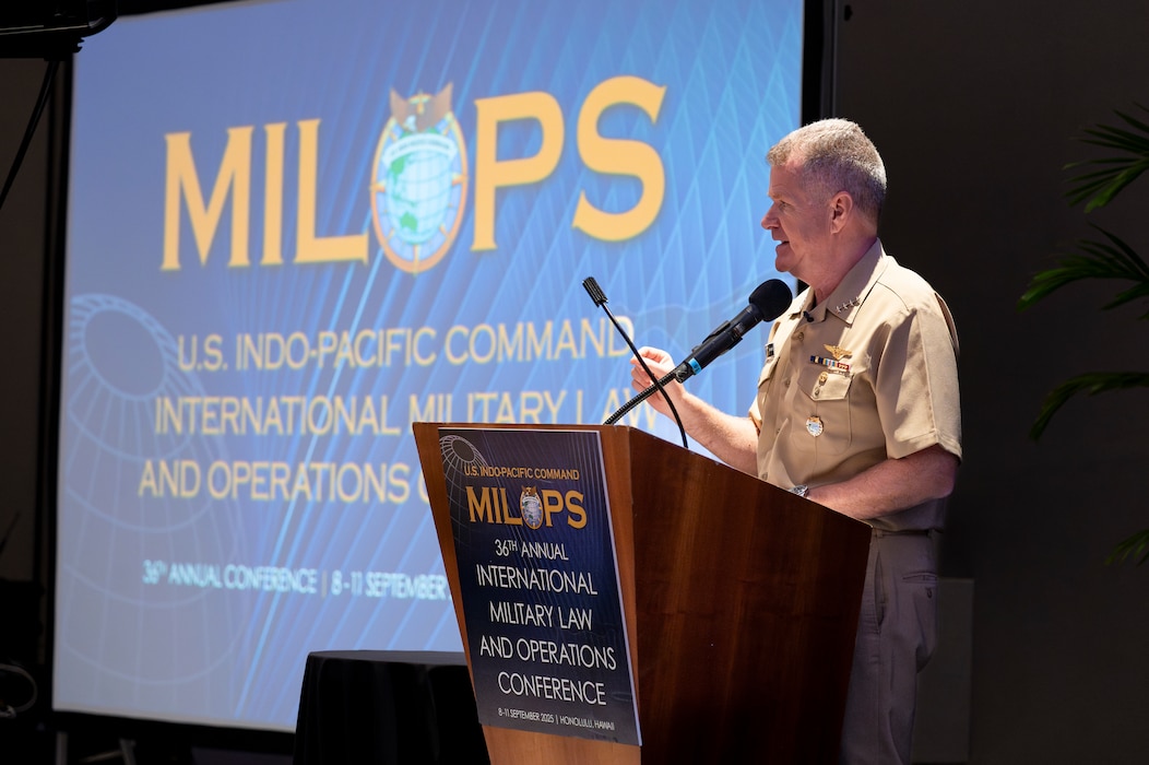 Adm. Samuel J. Paparo, commander of U.S. Indo-Pacific Command, delivers keynote remarks at the 36th annual international Military Law and Operations strategic engagement to leaders from more than 30 nations during a four-day discussion in Honolulu, Hawaii, Sept. 8, 2025.