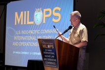 Adm. Samuel J. Paparo, commander of U.S. Indo-Pacific Command, delivers keynote remarks at the 36th annual international Military Law and Operations strategic engagement to leaders from more than 30 nations during a four-day discussion in Honolulu, Hawaii, Sept. 8, 2025.