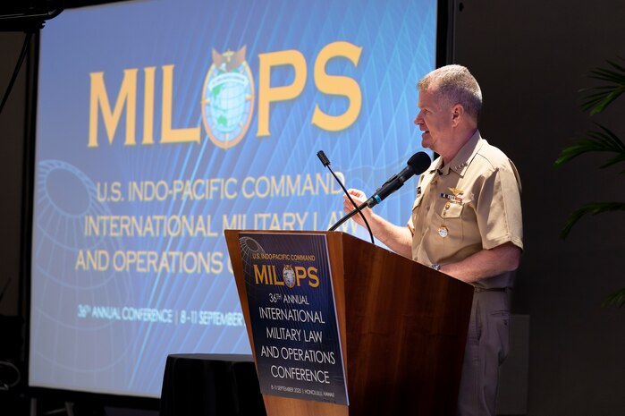 Adm. Samuel J. Paparo, commander of U.S. Indo-Pacific Command, delivers keynote remarks at the 36th annual international Military Law and Operations strategic engagement to leaders from more than 30 nations during a four-day discussion in Honolulu, Hawaii, Sept. 8, 2025.