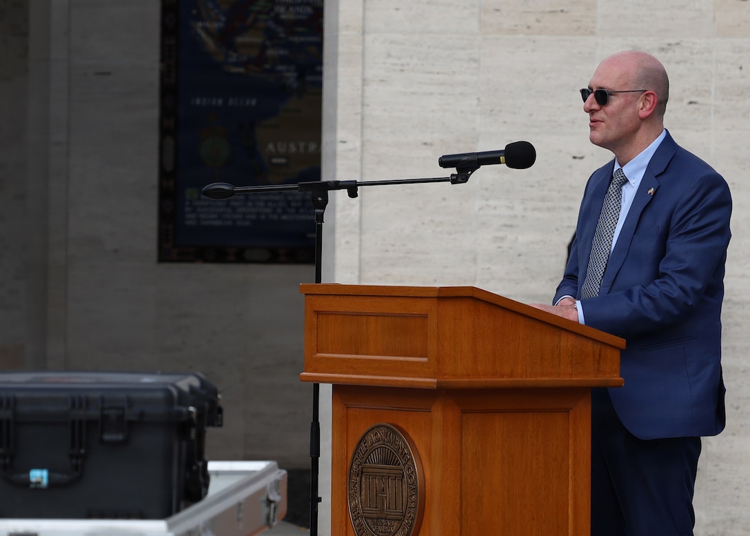 Robert Ewing, Charge d'Affaires to the Republic of the Philippines, delivers remarks during the first-ever Repatriation Ceremony held at the Manila American Cemetery and Memorial in the Philippines for U.S. personnel who were disinterred there, March 6, 2026. Currently, there are 71,783 U.S. personnel unaccounted for from World War II with approximately 10,000 missing in the Philippines, the largest total for any single country. (U.S. Air Force Photo by Lt. Col. George Tobias)