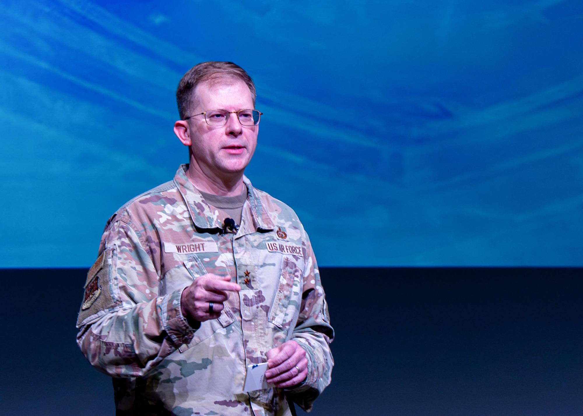 U.S. Air Force Maj. Gen. Parker Wright, Curtis E. LeMay Center commander, addresses students from Squadron Officer School and the Senior Noncommissioned Officer Academy during a combined operations welcome at Maxwell Air Force Base, Alabama, March 5, 2026. (U.S. Air Force photo by Airman 1st Class Nelvis Sera)