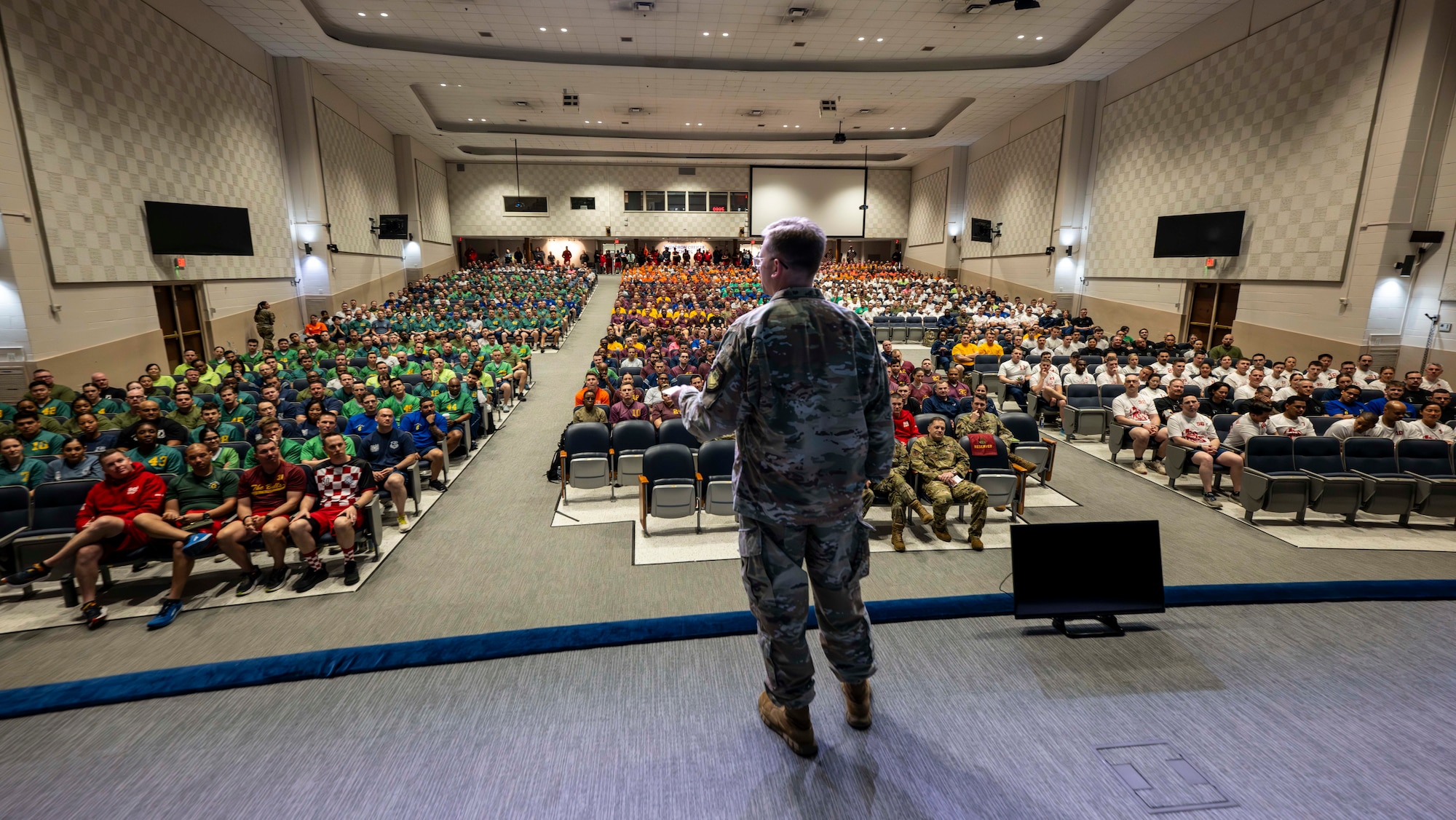 U.S. Air Force Maj. Gen. Parker Wright, Curtis E. LeMay Center commander, addresses more than 900 students from Squadron Officer School and the Senior Noncommissioned Officer Academy during a combined operations welcome at Maxwell Air Force Base, Alabama, March 5, 2026. (U.S. Air Force photo by Brian Ferguson)