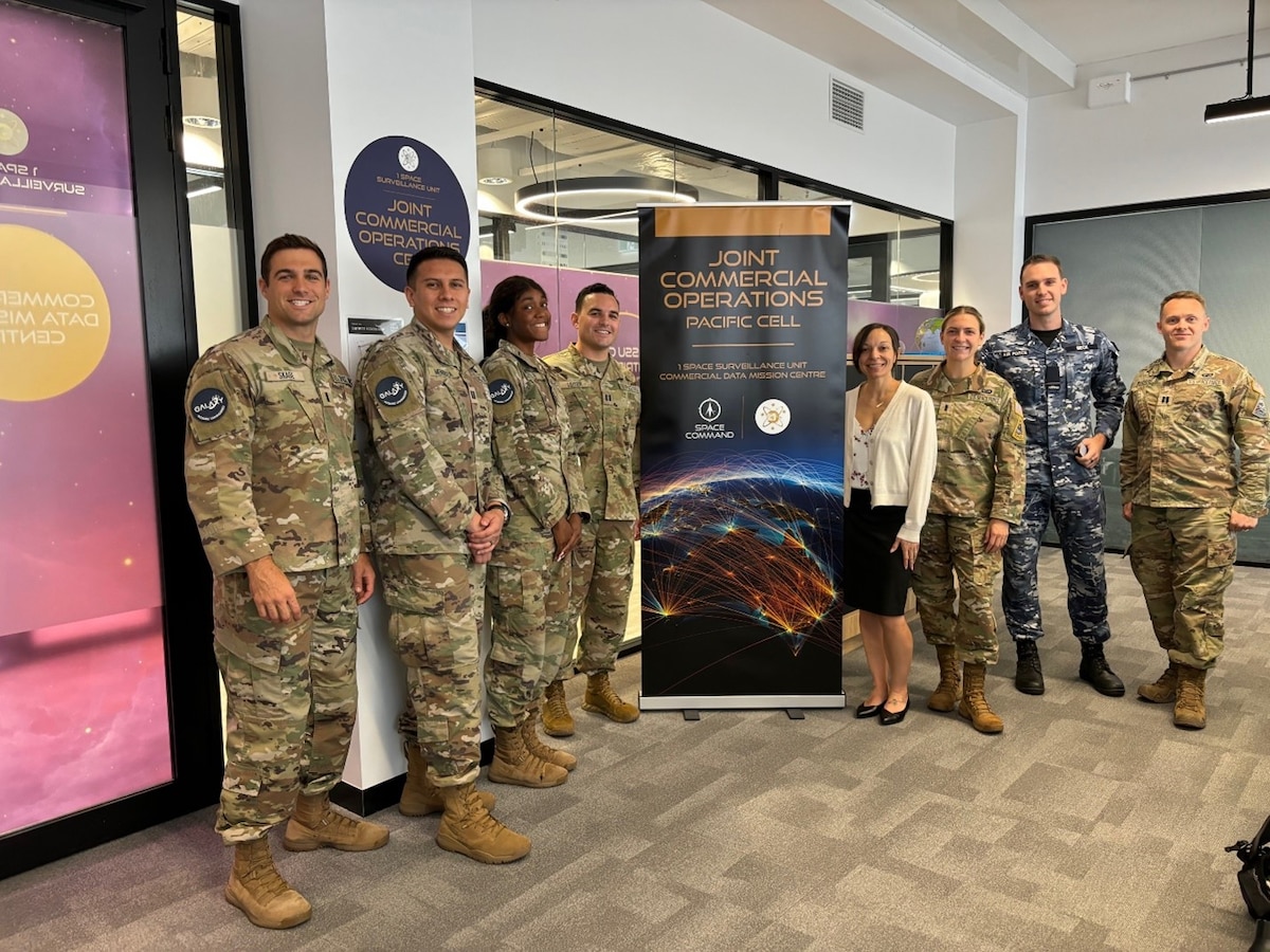 Galaxy cohort 12 members (left to right) Capt. Greg Skage, Capt. Jake Mendoza, 1st Lt Sabrina Taylor, Maj. Bryce Lieter (then Capt.), Ms. Kristin Burk, and 1st Lt. Leigha Woelffer, visit the Joint Capabilities Operations (JCO) Centre in Adelaide, South Australia in 2024. This cohort visited and engaged with various USSF stakeholders and industry partners, including Mynaric AG, in Munich, Germany; Blue Origin facilities in Huntsville, Ala.; the Maui Space Surveillance Complex, Hawaii; and the Sea-Based X-Band Radar (SBX-1), Honolulu, Hawaii. (Courtesy photo from SSC Galaxy Program).