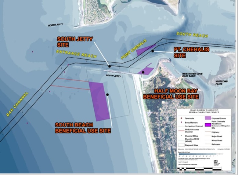 Map illustration showing routes where dredging will take place in the outer harbor of Grey's Harbor, in Washington State.