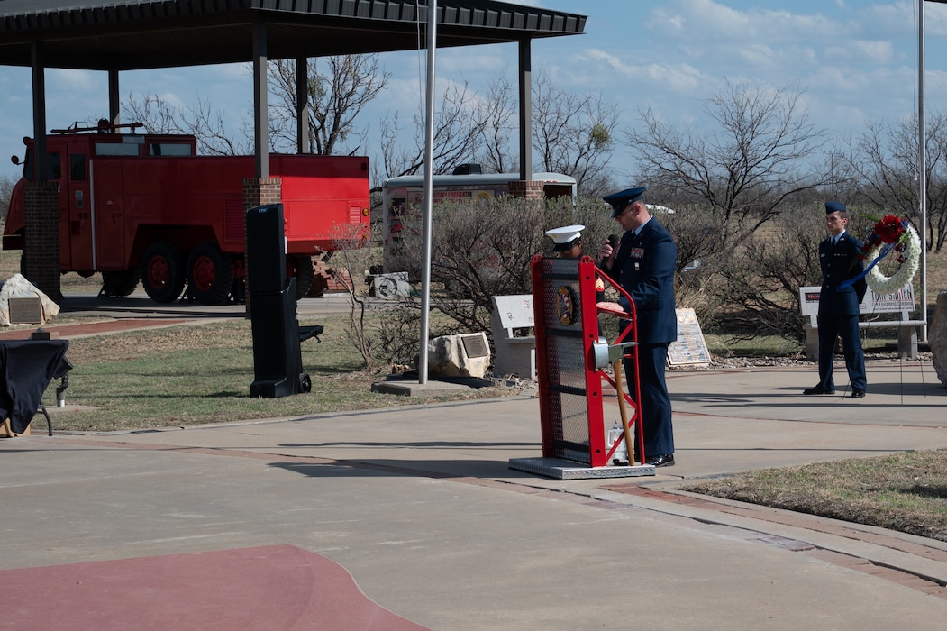 U.S. Air Force Capt. Robert Joiner, 17th Training Wing chaplain, recites the Firefighter’s Prayer at the annual Department of War Fallen Firefighter Memorial, Goodfellow Air Force Base, Texas, Mar. 6, 2026. The Firefighter’s Prayer is recited at the end of the memorial every year. (U.S. Air Force photo by Senior Airman Brian Lummus)