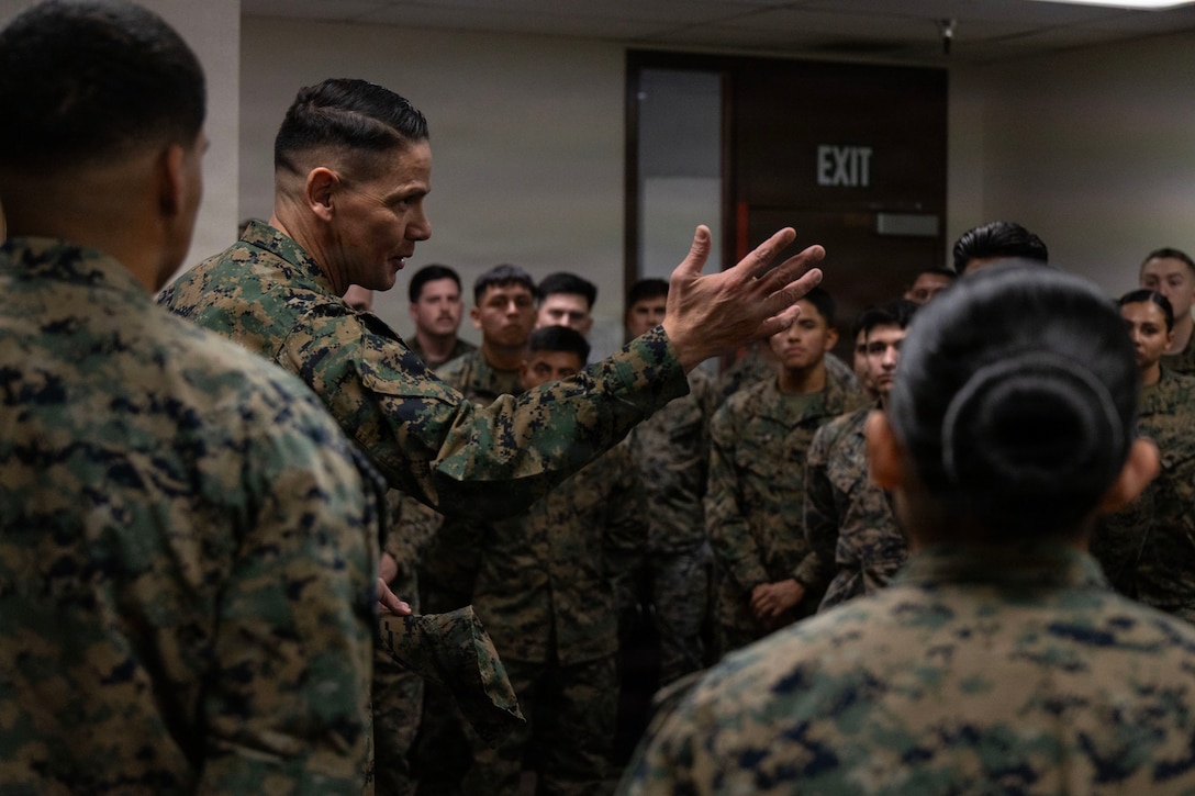 U.S. Marine Corps Sgt. Maj. Carlos A. Ruiz, the 20th Sergeant Major of the Marine Corps, visits Marines and Sailors assigned to 4th Medical Battalion, 4th Marine Logistics Group at the Naval and Marine Corps Reserve Center, San Diego, California, March 7, 2026. Ruiz visited the reserve Marines and Sailors during their drill weekend in order to gain a better understanding of their training. Ruiz also participated as the senior enlisted leader for promotion and award ceremonies. (U.S. Marine Corps photo by Gunnery Sgt. Jordan E. Gilbert)