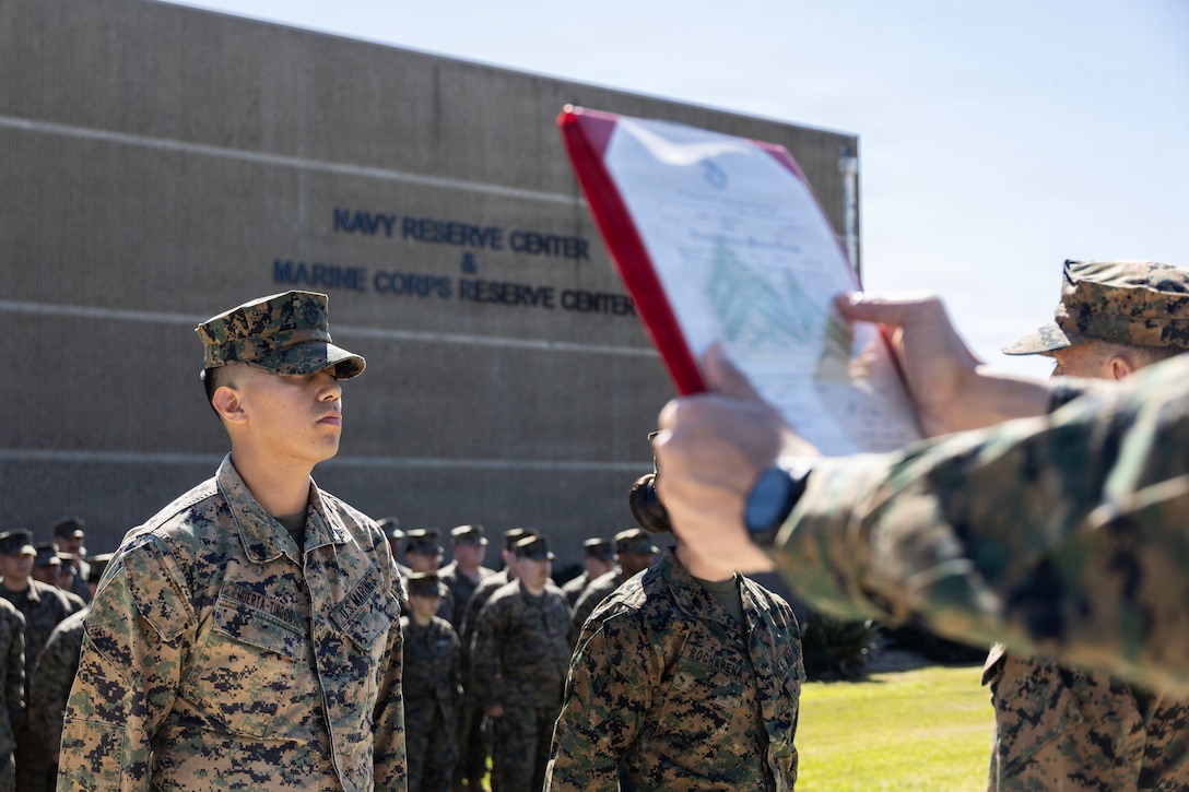 U.S. Marine Corps Sgt. Maj. Carlos A. Ruiz, the 20th Sergeant Major of the Marine Corps, visits Marines and Sailors assigned to 4th Medical Battalion, 4th Marine Logistics Group at the Naval and Marine Corps Reserve Center, San Diego, California, March 7, 2026. Ruiz visited the reserve Marines and Sailors during their drill weekend in order to gain a better understanding of their training. Ruiz also participated as the senior enlisted leader for promotion and award ceremonies. (U.S. Marine Corps photo by Gunnery Sgt. Jordan E. Gilbert)