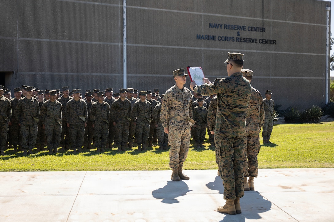 U.S. Marine Corps Sgt. Maj. Carlos A. Ruiz, the 20th Sergeant Major of the Marine Corps, visits Marines and Sailors assigned to 4th Medical Battalion, 4th Marine Logistics Group at the Naval and Marine Corps Reserve Center, San Diego, California, March 7, 2026. Ruiz visited the reserve Marines and Sailors during their drill weekend in order to gain a better understanding of their training. Ruiz also participated as the senior enlisted leader for promotion and award ceremonies. (U.S. Marine Corps photo by Gunnery Sgt. Jordan E. Gilbert)