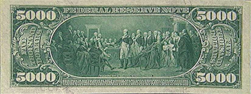 A $5,000 bill in green color features a man reading to a crowd of people from a document.