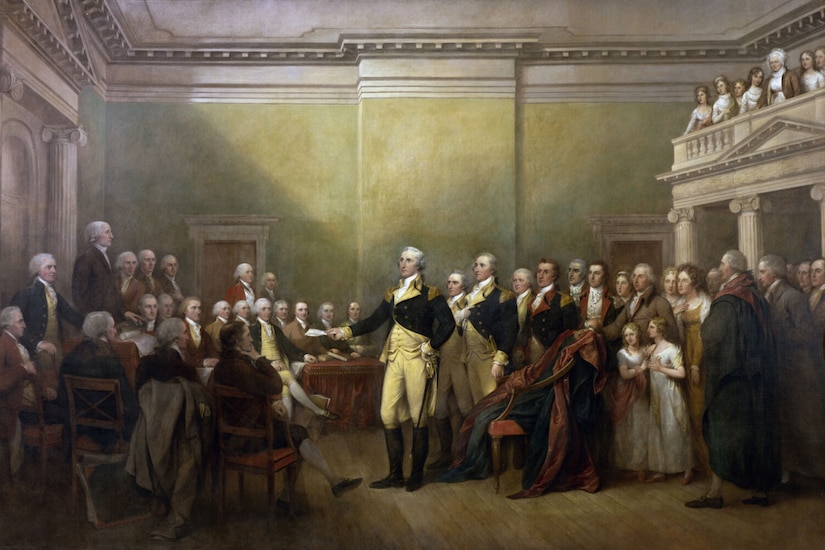 Depicted in a painting is a crowd gathered behind a man in uniform reading a document to men seated and standing, while women watch from a balcony.