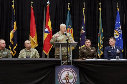 U.S. Army Lt. Gen. Jonathan Stubbs, director of the Army National Guard, shares his leadership philosophy with Kentucky Guardsmen at the 2026 National Guard Association of Kentucky conference at the Sloan Convention Center in Bowling Green, Ky., Feb. 28, 2026.