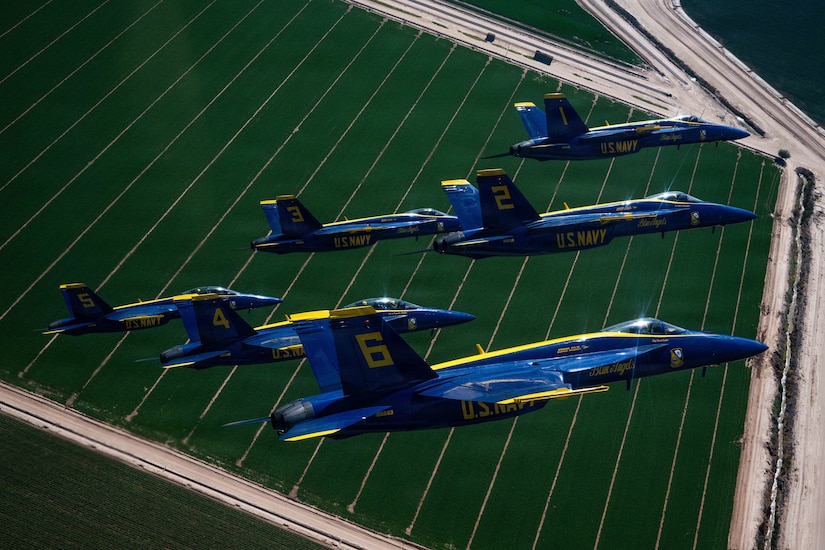 Six blue and yellow military jets fly in formation over a green field.