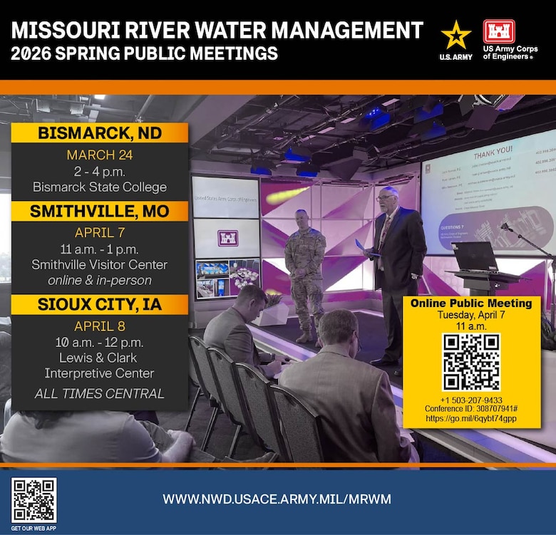 A graphic with a Locations, Dates and times for each meeting. In a yellow box, is a QR code for the meeting https://go.mil/6qybt74gpp and at the bottom of the graphic is a QR code for the Web App https://go.mil/mr-webapp