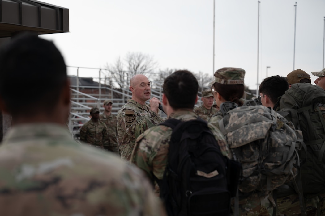 Chief Master Sgt. Stefan Blazier, Deputy Chief of Staff for Intelligence, Surveillance and Reconnaissance senior enlisted leader, gave closing remarks to the new staff sergeant selects at the end of the inaugural Noncommissioned Officer Ruck March at Goodfellow Air Force Base, Texas, March 5, 2026. Blazier talked about his time as a staff sergeant and what the new staff sergeant selects should expect as future NCOs. (U.S. Air Force photo by Senior Airman Brian Lummus)
