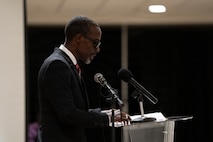 Mr. Curtis Martin, permanent secretary for the Ministry of Health in Saint Kitts and Nevis, delivers closing remarks during the Lesser Antilles Medical Assistance Team (LAMAT) 2026 ceremony in Frigate Bay, Saint Kitts and Nevis, March 6, 2026. The two-week engagement brought U.S. and host-nation medical professionals together to support patient care while reinforcing trusted partnerships across St. Kitts and Nevis. (U.S. Air Force photo by Andrea Jenkins)