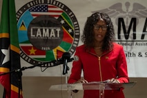 Ms. Shelisa Martin-Clarke, permanent secretary for the Ministry of Health with the Nevis Island Administration, delivers remarks during the Lesser Antilles Medical Assistance Team (LAMAT) 2026 closing ceremony in Frigate Bay, Saint Kitts and Nevis, March 6, 2026. LAMAT 2026 strengthened collaboration between U.S. Air Force medical teams and Ministry of Health providers across hospitals and clinics on St. Kitts and Nevis.  (U.S. Air Force photo by Andrea Jenkins)