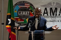 Mr. Michael Penny, senior foreign service officer with the Ministry of Foreign Affairs for Saint Kitts and Nevis, delivers remarks during the Lesser Antilles Medical Assistance Team (LAMAT) 2026 closing ceremony in Frigate Bay, Saint Kitts and Nevis, March 6, 2026. LAMAT 2026 strengthened collaboration between U.S. Air Force medical personnel and Ministry of Health providers across hospitals, clinics and community outreach events throughout the federation.  (U.S. Air Force photo by Andrea Jenkins)