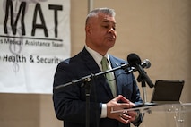 U.S. Army National Guard Maj. Gen. Javier Reina, deputy commander for mobilization and reserve affairs at U.S. Southern Command, delivers remarks during the Lesser Antilles Medical Assistance Team (LAMAT) 2026 closing ceremony in Frigate Bay, Saint Kitts and Nevis, March 6, 2026.
The mission marked the third LAMAT engagement in Saint Kitts and Nevis, reinforcing continued partnership through medical collaboration and knowledge exchange. (U.S. Air Force photo by Andrea Jenkins)