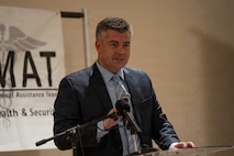 U.S. Air Force Col. Brian Gavitt, Air Forces Southern command surgeon, delivers remarks during the Lesser Antilles Medical Assistance Team (LAMAT) 2026 closing ceremony in Frigate Bay, Saint Kitts and Nevis, March 6, 2026. Missions like LAMAT strengthen military medical readiness while reinforcing trusted partnerships across the Caribbean.  (U.S. Air Force photo by Andrea Jenkins)