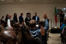 Attendees raise their hands during remarks at the Lesser Antilles Medical Assistance Team (LAMAT) 2026 closing ceremony in Frigate Bay, Saint Kitts and Nevis, March 6, 2026.
LAMAT 2026 strengthened professional relationships between U.S. Air Force medical personnel and Ministry of Health providers across the federation. (U.S. Air Force photo by Andrea Jenkins)