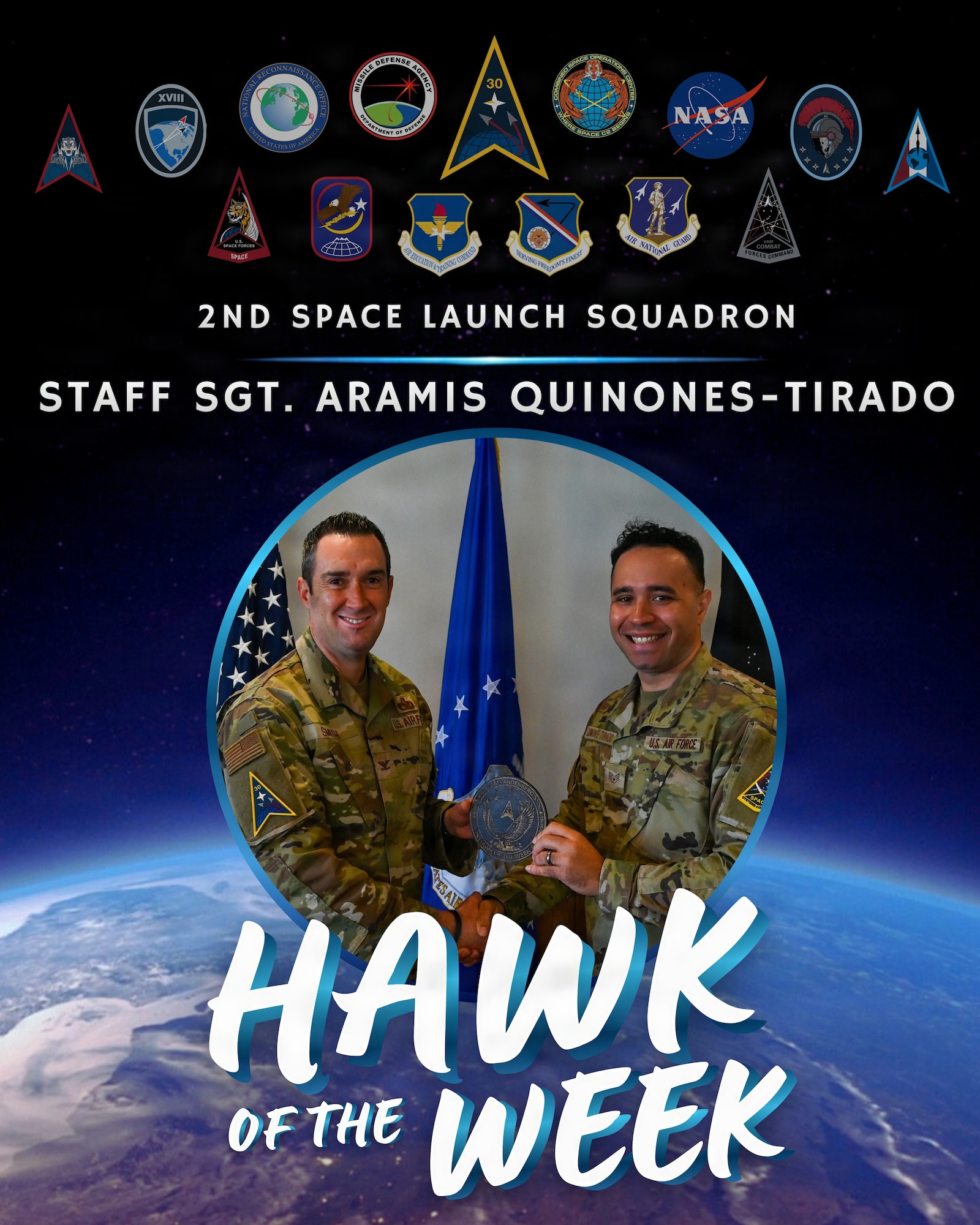 Graphic for hawk of the week showing two people standing next to each other looking at the camera with an award in each of their hands.