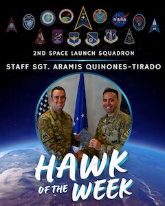 Graphic for hawk of the week showing two people standing next to each other looking at the camera with an award in each of their hands.