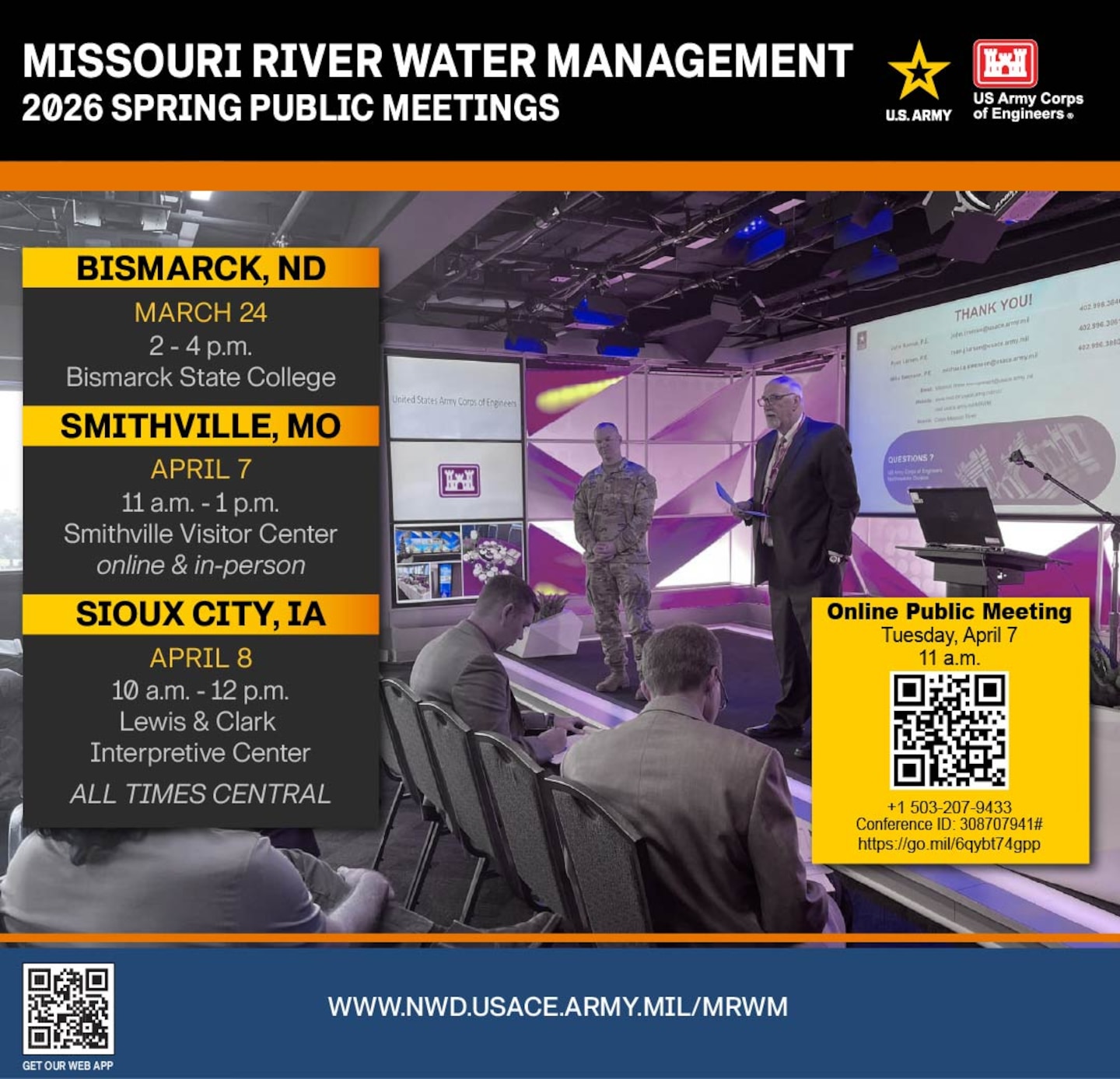A graphic with a Locations, Dates and times for each meeting. In a yellow box, is a QR code for the meeting https://go.mil/6qybt74gpp and at the bottom of the graphic is a QR code for the Web App https://go.mil/mr-webapp