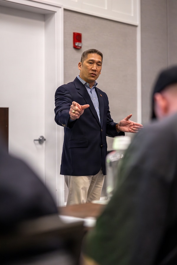 The Honorable Hung Cao, undersecretary of the Navy, speaks to a class of Individual Ready Reserve Marines during the IRR muster at Arlington, Virginia, March 7, 2026. Marine Corps Individual Reserve Support Activity conducts administrative screenings of IRR Marines to ensure readiness to augment and reinforce the active component. (U.S. Marine Corps photo by Sgt. Emely Gonzalez)