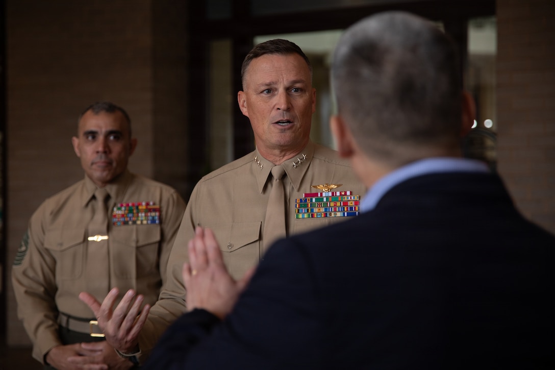 U.S. Marine Corps Lt. Gen. Leonard F. Anderson IV, center, commander of Marine Forces Reserve and Marine Forces South, and Sgt. Maj. Edwin A. Mota, Marine Forces Reserve and Marine Forces South senior enlisted advisor, greet the Honorable Hung Cao, undersecretary of the Navy during the Individual Ready Reserve muster at Arlington, Virginia, March 7, 2026. Marine Corps Individual Reserve Support Activity conducts administrative screenings of IRR Marines to ensure readiness to augment and reinforce the active component. (U.S. Marine Corps photo by Cpl. Orion Stpierre)