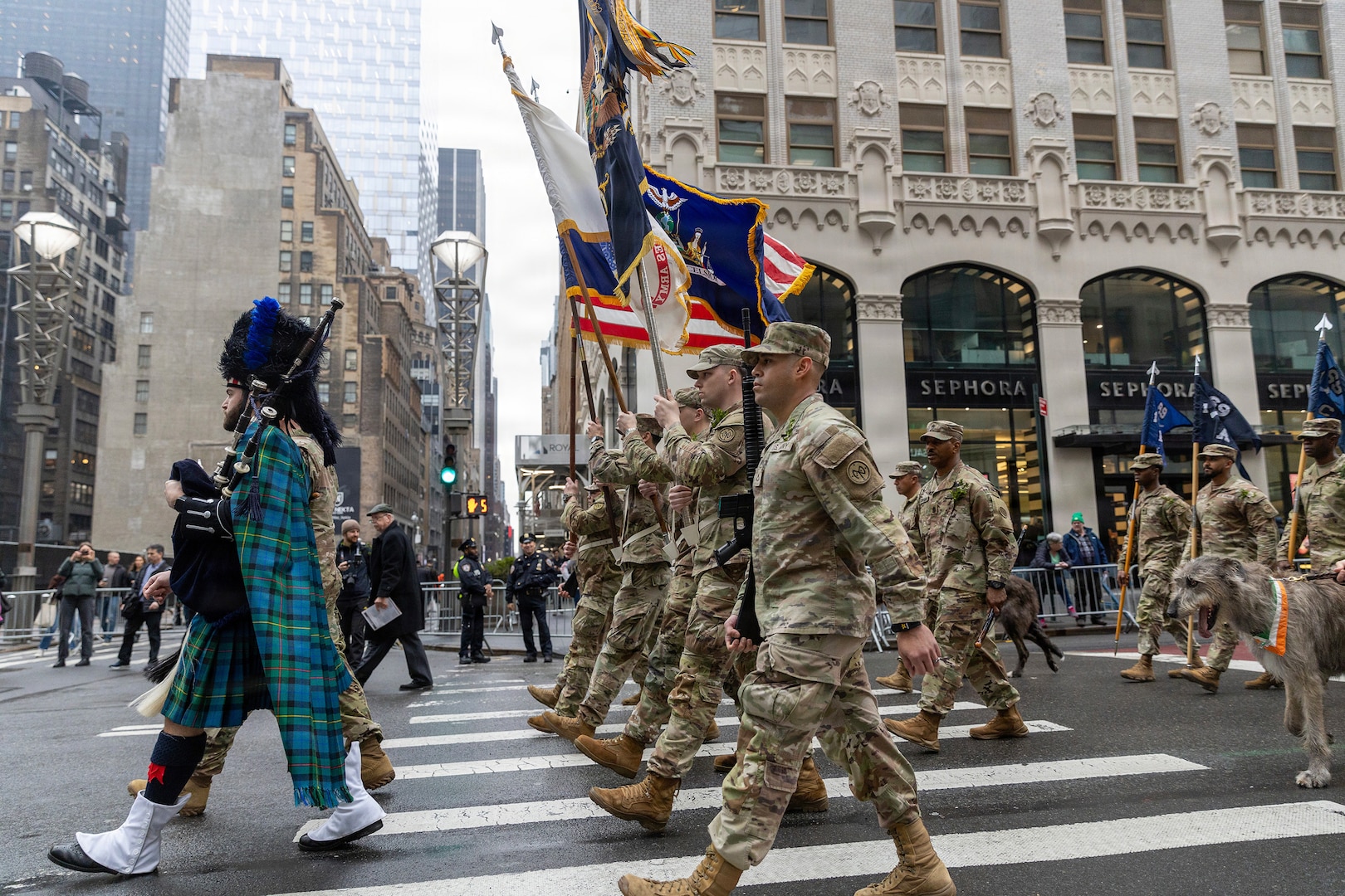 Led by a piper, Soldiers of the New York Army National Guard’s 1st Battalion, 69th Infantry Regiment, known as the “Fighting 69th” stride along up Fifth Avenue on March 17, 2025, during the 2025 New York City St. Patrick’s Day Parade.