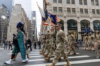 Led by a piper, Soldiers of the New York Army National Guard’s 1st Battalion, 69th Infantry Regiment, known as the “Fighting 69th” stride along up Fifth Avenue on March 17, 2025, during the 2025 New York City St. Patrick’s Day Parade.