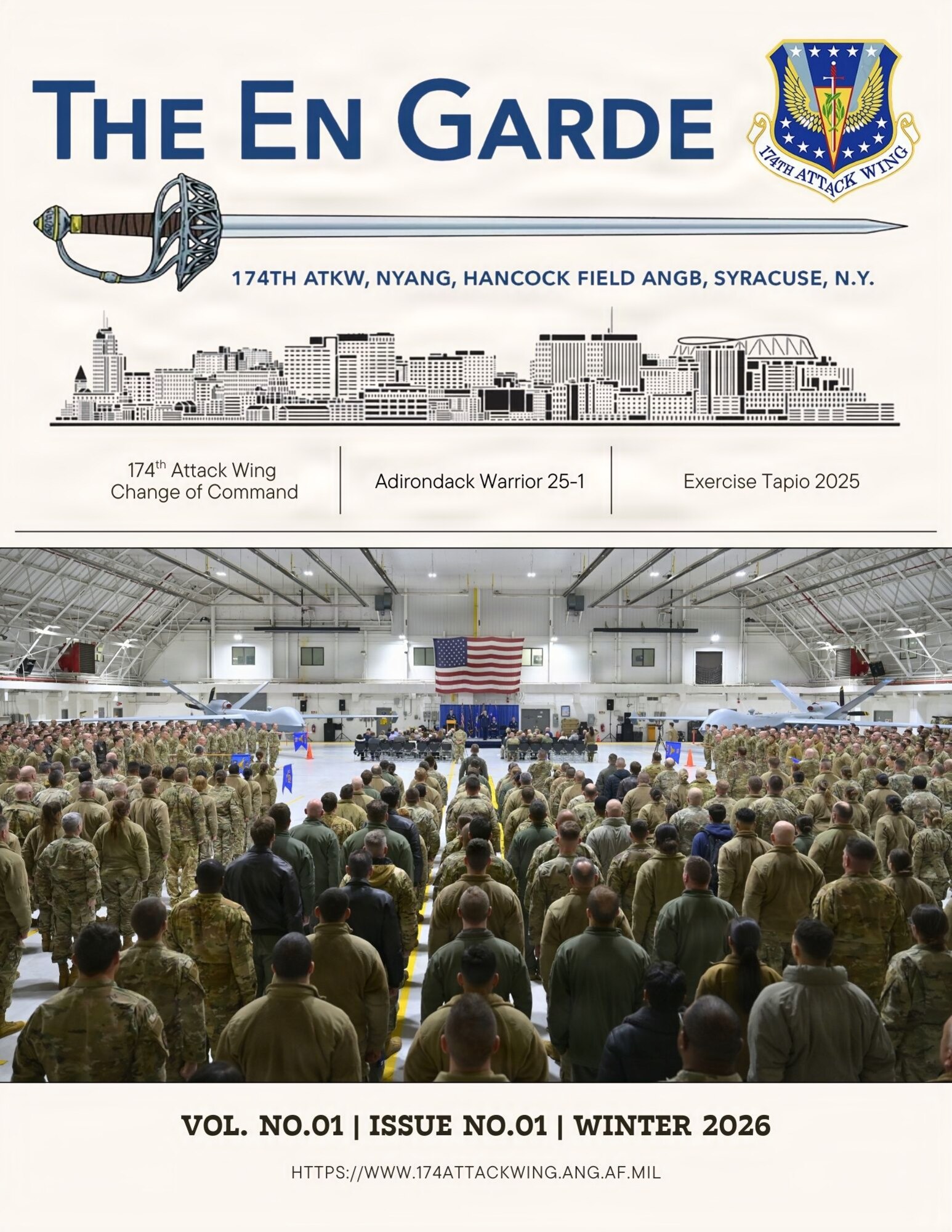 U.S. Air Force graphic of the En Garde, Volume 1, Issue 1, Winter 2026, is pictured. Originally established in 1956, the 174th Attack Wing publication was halted in 2004 due to budgetary constraints and has been revived by the wing's public affairs office in a digital format. (U.S. Air National Guard graphic by Staff Sgt. Dylan McCrink)