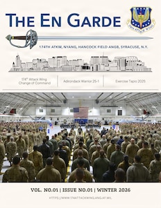 U.S. Air Force graphic of the En Garde, Volume 1, Issue 1, Winter 2026, is pictured. Originally established in 1956, the 174th Attack Wing publication was halted in 2004 due to budgetary constraints and has been revived by the wing's public affairs office in a digital format. (U.S. Air National Guard graphic by Staff Sgt. Dylan McCrink)