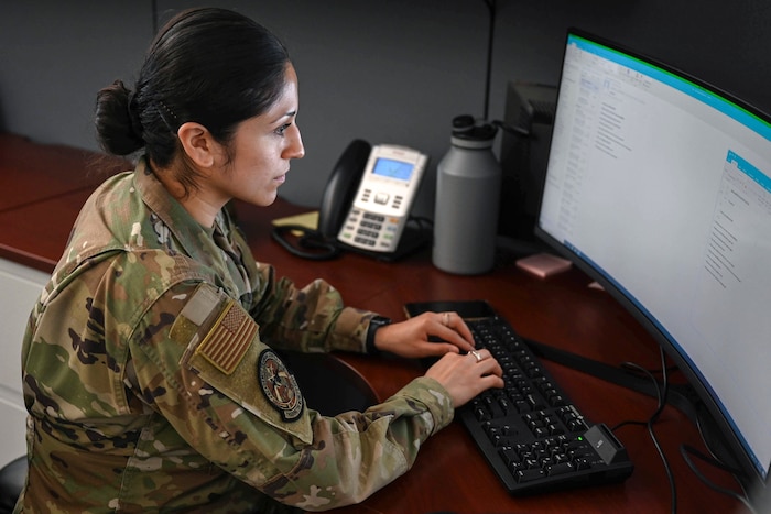 U.S. Air Force Airman 1st Class Jessica Wilkins, 33rd Fighter Wing administrative assistant, responds to an email May 26, 2021, at Eglin Air Force Base, Florida. Wilkins supports the Academic Training Center and the commander’s executive support section for the 33rd FW. (U.S. Air Force photo by Airman Leandra Garcia)