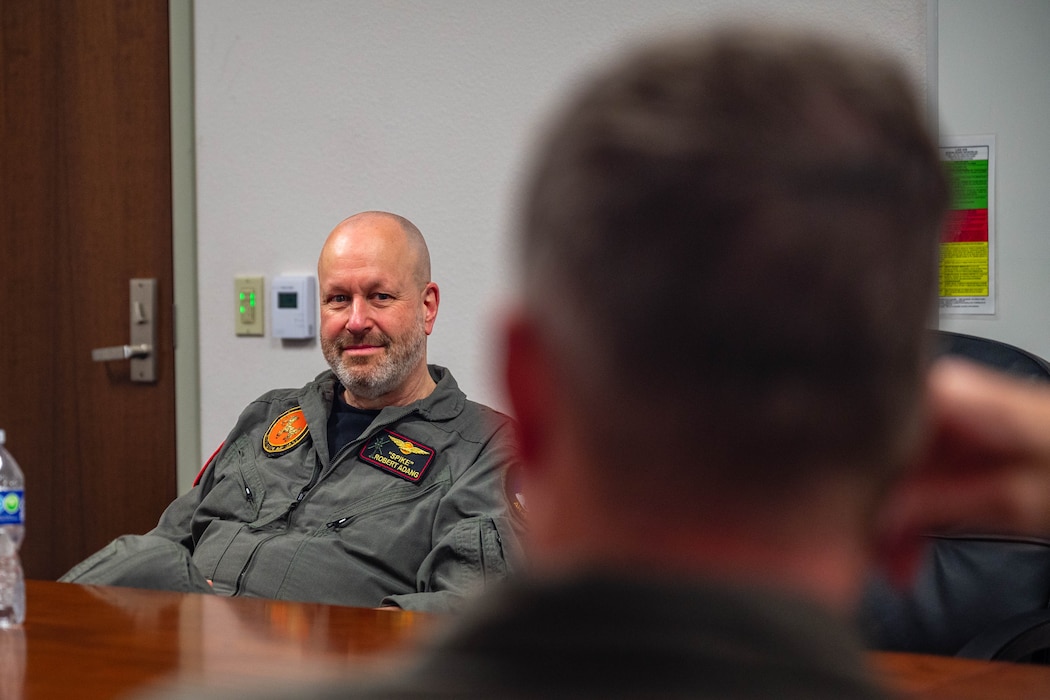 Royal Netherlands Air and Space Force Maj. Gen. Robert Adang, RNLAF deputy commander, listens to a briefing from an Airman assigned to the 56th Fighter Wing, Mar. 3, 2026, at Luke Air Force Base, Arizona.